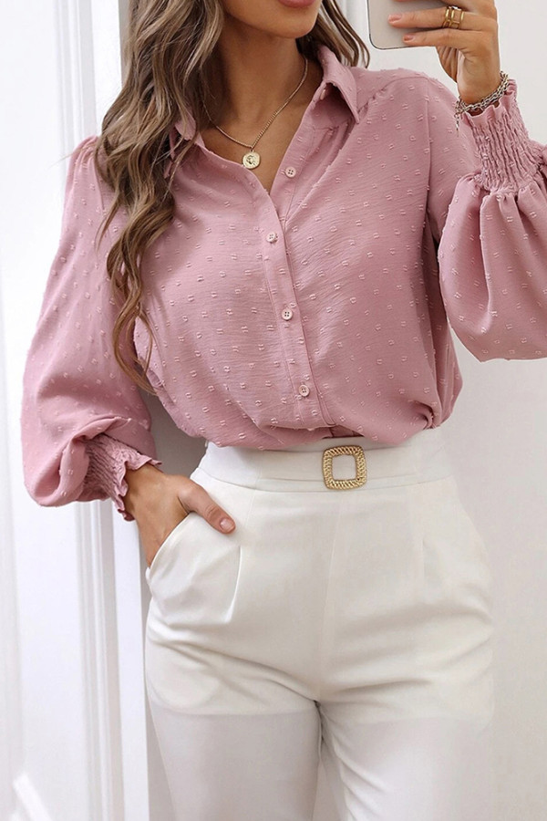 Plain Swiss Dot Open Button Smocked Cuff Blouse Shirt
