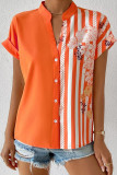 Color Block Striped Floral Print Button Blouse