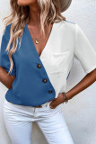 V Neck Buttoned Color Block Top