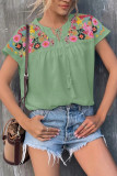 Split Collar Emboridery Floral Splicing Top