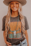 Gray Western Steer Skull Graphic Print Crew Neck T Shirt