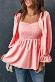 Pink Square Neck Puff Sleeve Ruffled Peplum Top
