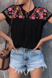 Split Collar Emboridery Floral Splicing Top