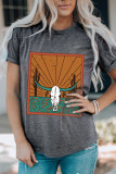 Gray Western Steer Skull Graphic Print Crew Neck T Shirt