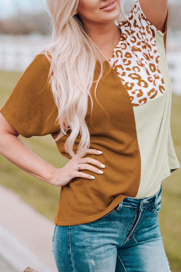 Orange Leopard Colorblock Short Sleeve Top
