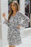 Leopard Leopard V Neck Long Sleeve A-line Dress