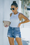 Blue Distressed Frayed Denim Shorts