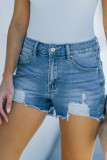 Blue Distressed Frayed Denim Shorts