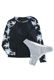 Black Leaf Stripe Print Round Neck Long Sleeve Surfing Swimsuit