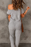 Gray Off Shoulder Drawstring High Waist Short Sleeve Jumpsuit