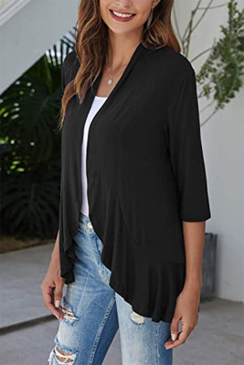 Front Open 3/4 S;eeves Ruffle Cardigan
