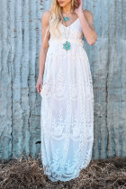 White Contrast Lace Backless Spaghetti Strap Maxi Dress