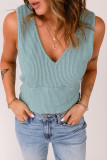 Green V Neck Rib Knit Tank Top