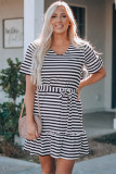 Black Stripes Ruffle Short Dress