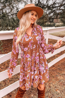 Brown Floral Print Drawstring V Neck Ruffled Babydoll Mini Dress