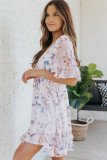 Pink Floral Print Flared Sleeve Ruffle Dress