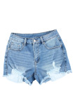 Blue Distressed Frayed Denim Shorts