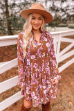 Brown Floral Print Drawstring V Neck Ruffled Babydoll Mini Dress