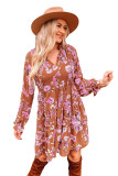 Brown Floral Print Drawstring V Neck Ruffled Babydoll Mini Dress