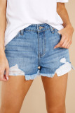 Blue Distressed Frayed Denim Shorts