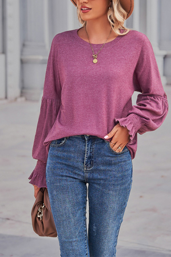 Plain Bubble Sleeves Smocked Cuff Long Sleeves Top