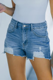 Blue Distressed Frayed Denim Shorts