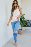 White Ruffle Straps Floral Rib Knit Tank Top