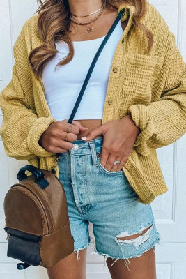 Khaki Waffle Knit Pocketed Button Up Shirt