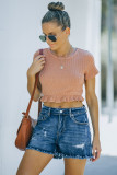 Short Sleeve Ruffled Hem Ribbed Skinny Crop Top