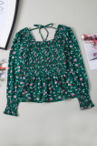 Floral Print Smocked Lace-up Square Neck Long Sleeve Top