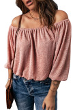 Pink Subtle Jacquard Long Sleeve Off Shoulder Blouse