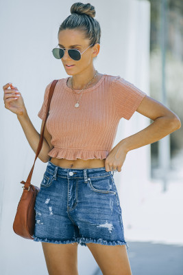 Short Sleeve Ruffled Hem Ribbed Skinny Crop Top