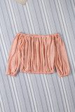 Pink Subtle Jacquard Long Sleeve Off Shoulder Blouse