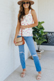 White Ruffle Straps Floral Rib Knit Tank Top