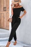 Black Off Shoulder Button Drawstring Jumpsuit