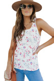 White Ruffle Straps Floral Rib Knit Tank Top