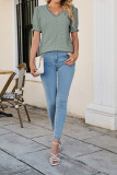 V Neck Lace Edge Eyelet Pattern Puff Top