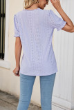 V Neck Lace Edge Eyelet Pattern Puff Top
