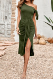 Plain One Shoulder Ruched High Split Midi Dress