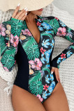 Zipper Tropical Print Splicing Long Sleeves Swimsuit