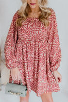 Red Square Neck Leopard Print Babydoll Short Dress