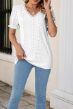 V Neck Lace Edge Eyelet Pattern Puff Top