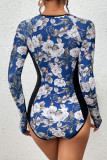 Zipper Tropical Print Splicing Long Sleeves Swimsuit