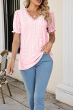 V Neck Lace Edge Eyelet Pattern Puff Top
