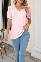 V Neck Lace Edge Eyelet Pattern Puff Top