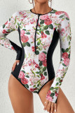 Zipper Tropical Print Splicing Long Sleeves Swimsuit