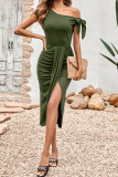 Plain One Shoulder Ruched High Split Midi Dress