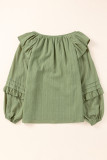 Green Split V Neck Ruffled Bubble Sleeves Blouse