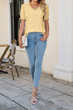 V Neck Lace Edge Eyelet Pattern Puff Top