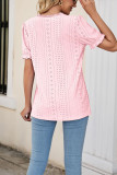 V Neck Lace Edge Eyelet Pattern Puff Top